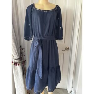 Anthropologie Velvet By Graham and Spencer Blue Cotton Embroidery Belted Dress L